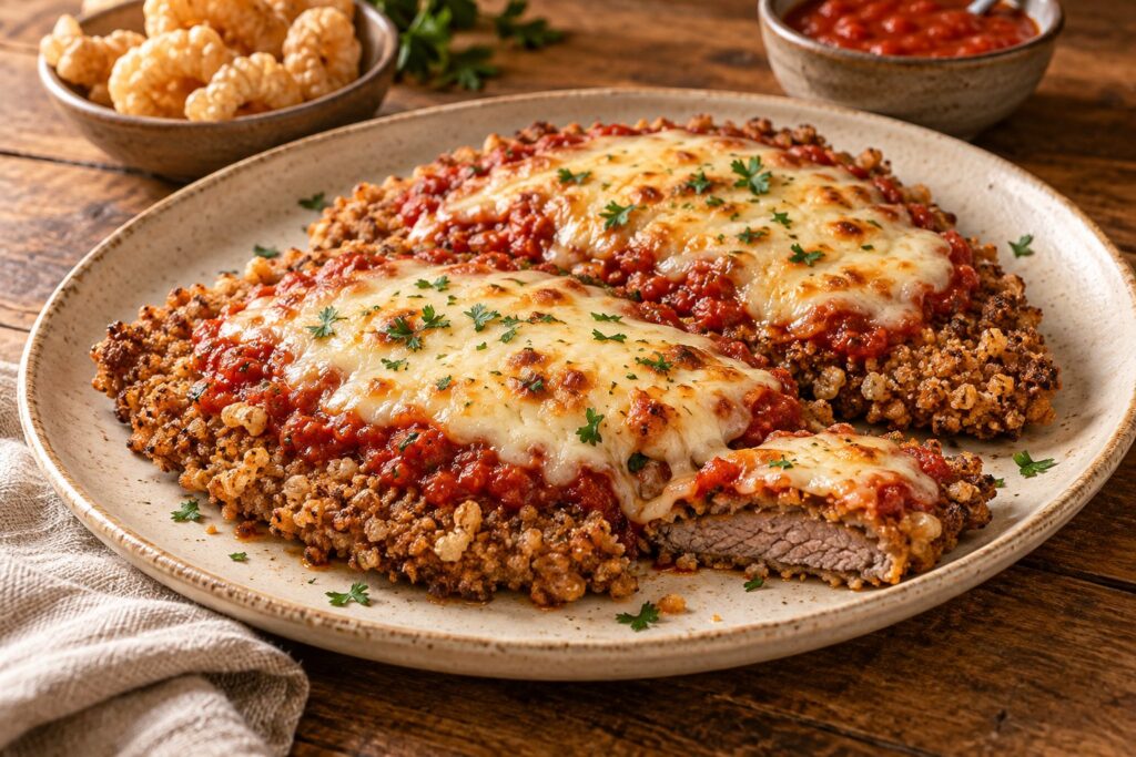 Bifes à parmegiana empanados com torresmo triturado, cobertos com molho de tomate e queijo gratinado, servidos em prato sobre mesa de madeira